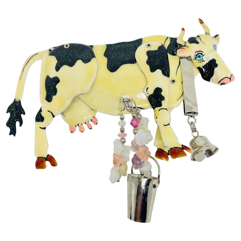 LUNCH AT THE RITZ signed vintage enamel silver cow dangle crystals brooch